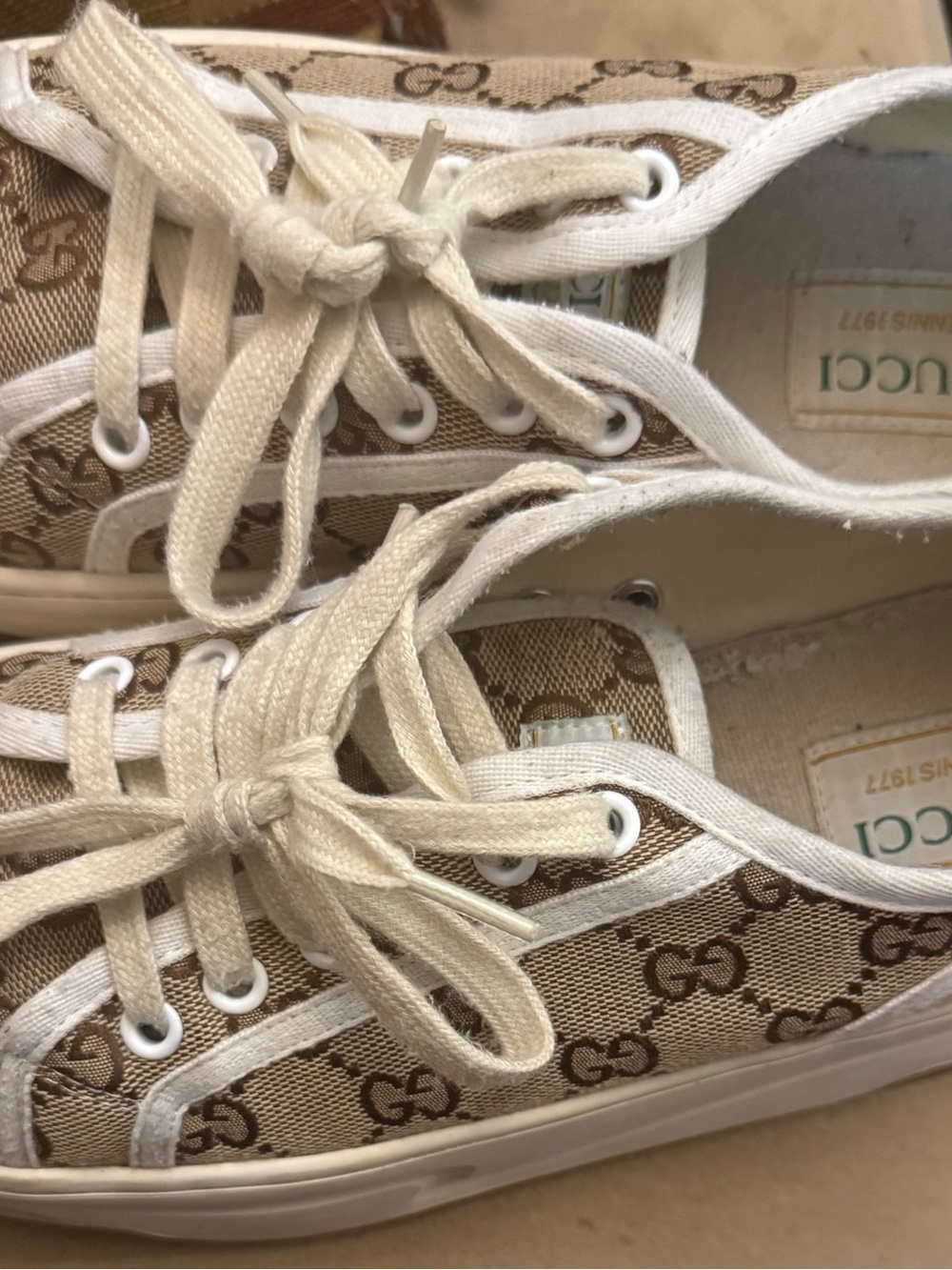 Gucci Beige GG Canvas Low-Top Sneakers with White Trim